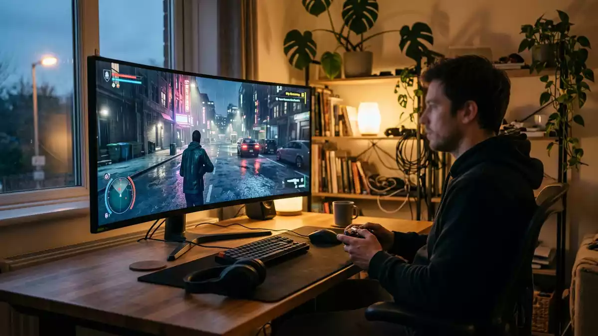 Fotorealistische Ansicht von Actionspiel am Schreibtisch in realer Umgebung, neutral