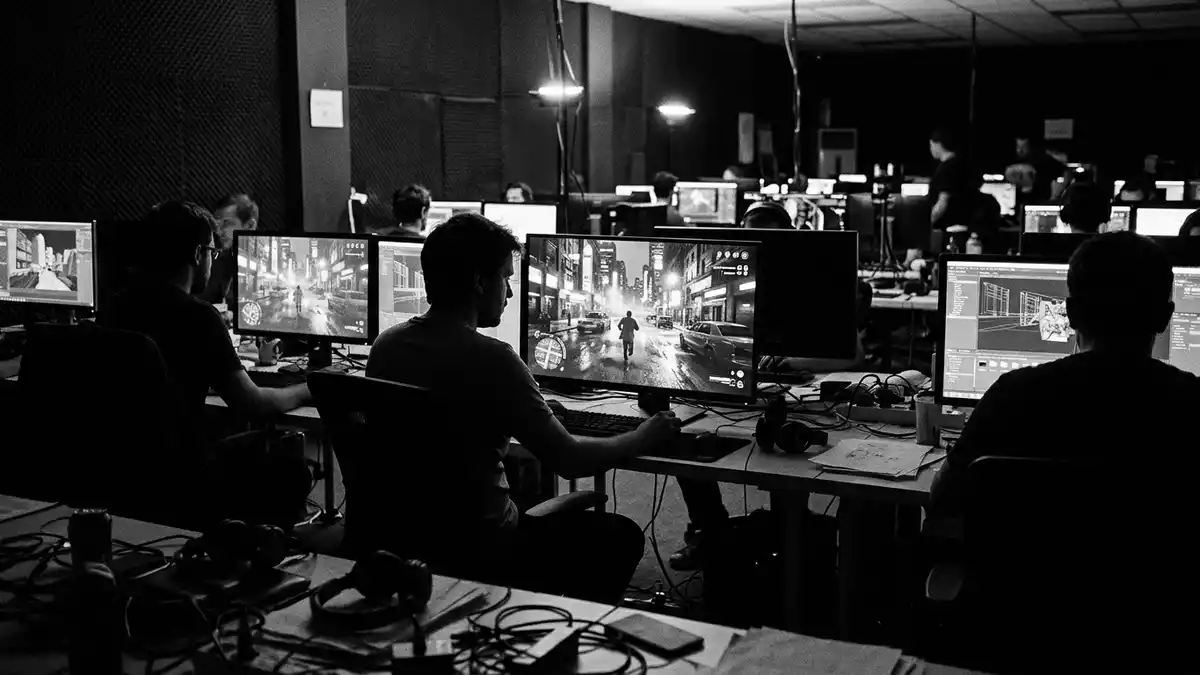 Schwarzweiss-Reportagebild mit Actionspiel in dokumentarischer Arbeitsumgebung