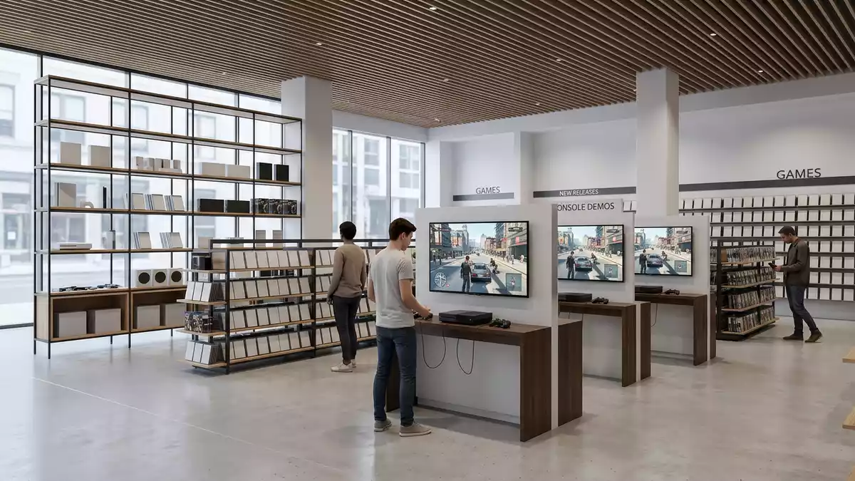 Architektur-Render im Spielefachhandel mit Actionspiel im Ausstellungsbereich, neutral