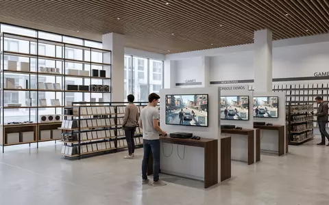 Architektur-Render im Spielefachhandel mit Actionspiel zum Thema Grand Theft Auto V, ISIN US8740541094, neutrales Tageslicht - Foto: THN