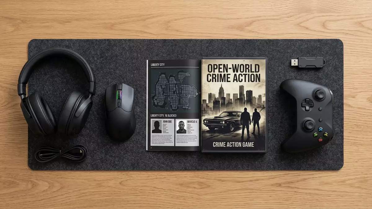 Flatlay-Arrangement rund um Actionspiel mit passenden Requisiten von oben, neutral