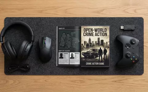 Flatlay-Arrangement rund um Actionspiel zum Thema Grand Theft Auto V, ISIN US8740541094, weiches Oberlicht - Foto: THN