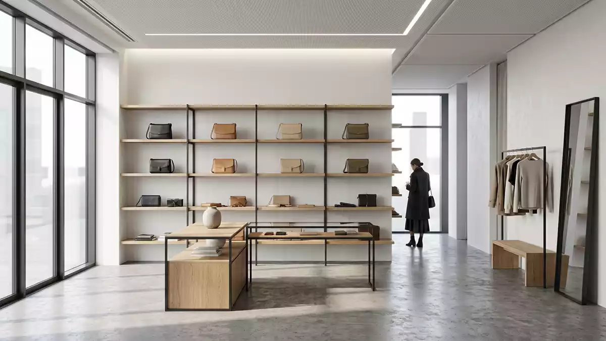 Architektur-Render im Modeboutique mit Schultertasche im Ausstellungsbereich, neutral