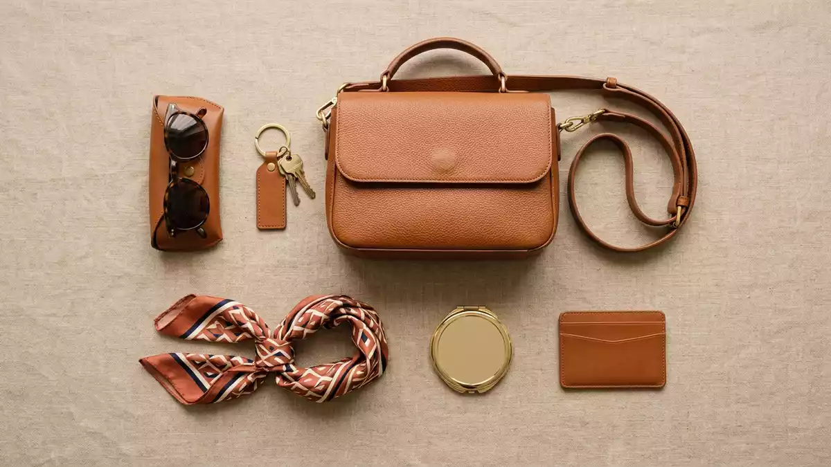 Flatlay-Arrangement rund um Schultertasche mit passenden Requisiten von oben, neutral