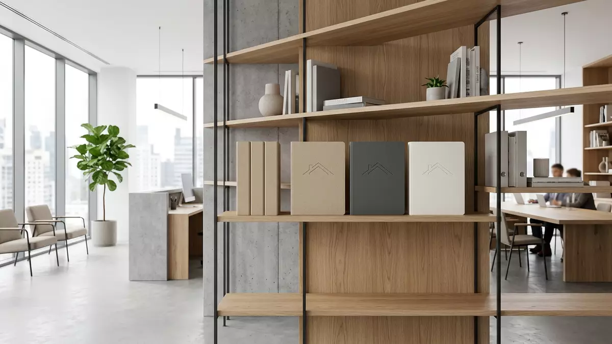 Architektur-Render im Versicherungsbüro mit Hausratversicherung im Ausstellungsbereich