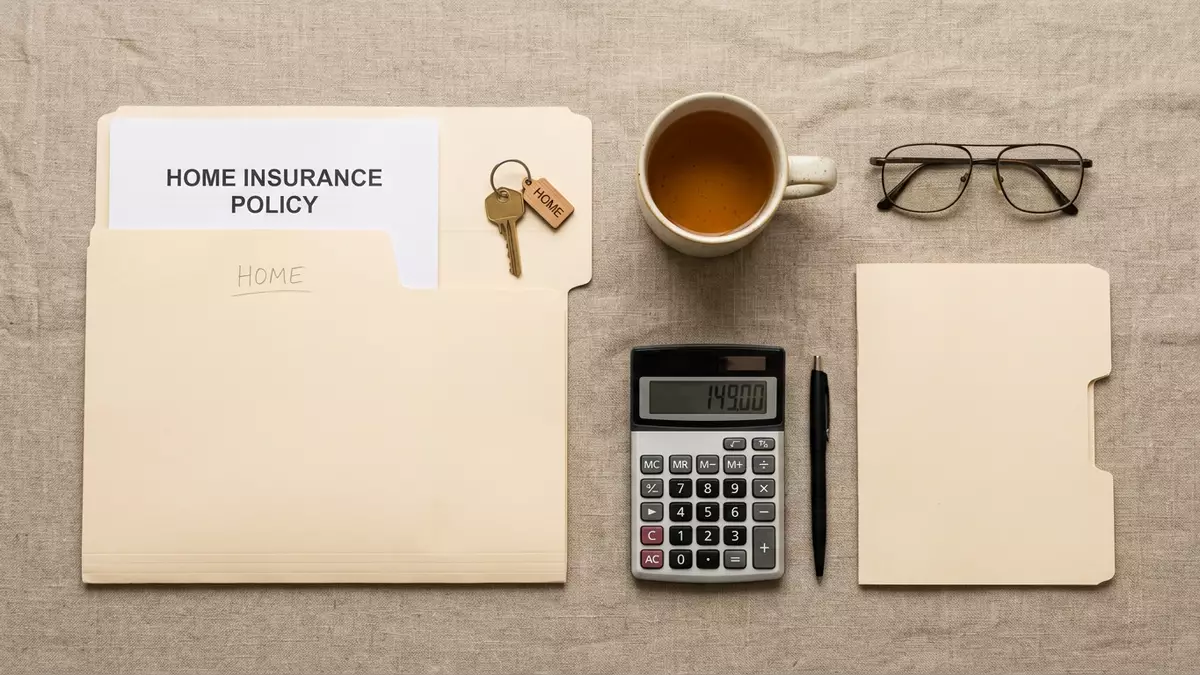 Flatlay-Arrangement rund um Hausratversicherung mit passenden Requisiten von oben
