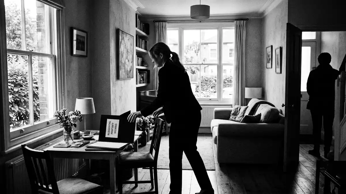 Schwarzweiss-Reportagebild mit Immobilienmappe in dokumentarischer Arbeitsumgebung