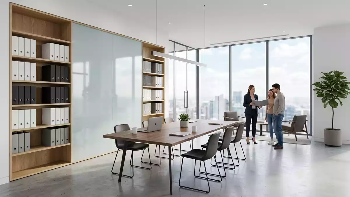 Architektur-Render im Immobilienbüro mit Immobilienmappe im Ausstellungsbereich