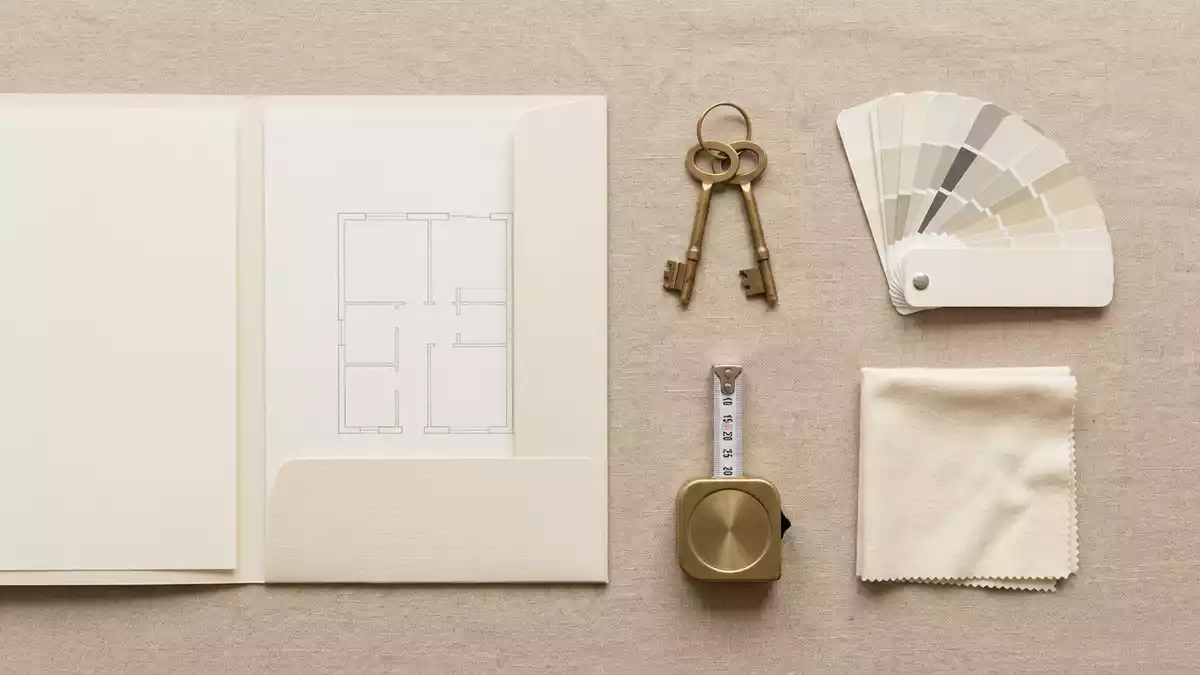 Flatlay-Arrangement rund um Immobilienmappe mit passenden Requisiten von oben, neutral
