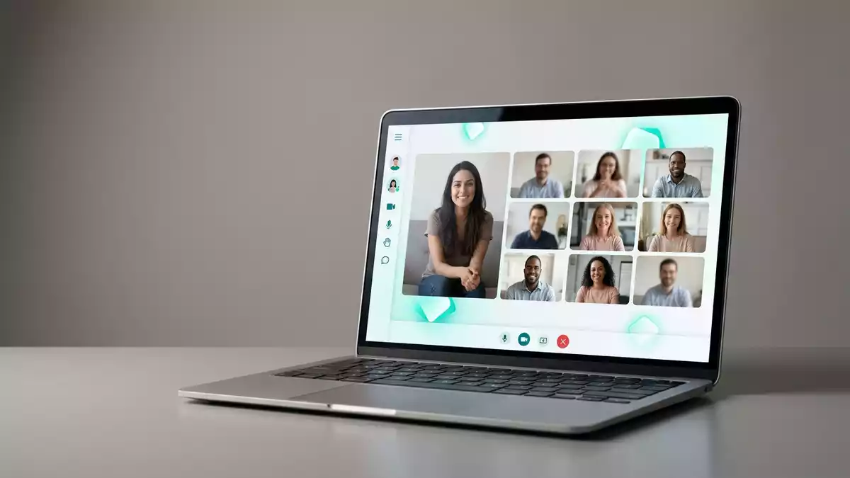 Fotorealistische Studioansicht von Videokonferenz in neutraler Produktdarstellung