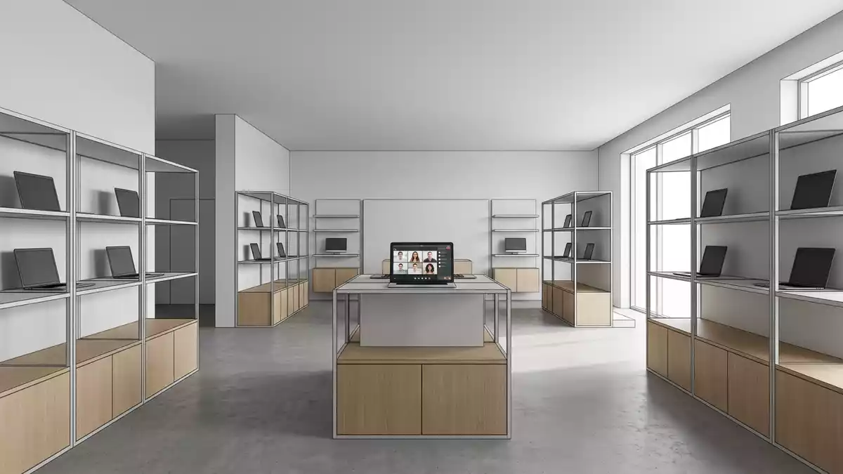 Architektur-Render im Elektronik-Fachmarkt mit Videokonferenz im Ausstellungsbereich