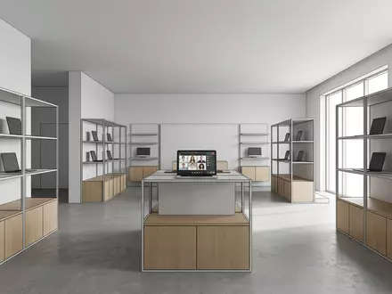 Architektur-Render im Elektronik-Fachmarkt mit Videokonferenz zum Thema Zoom Meeting, ISIN US98980L1017, neutrales Tageslicht - Foto: THN
