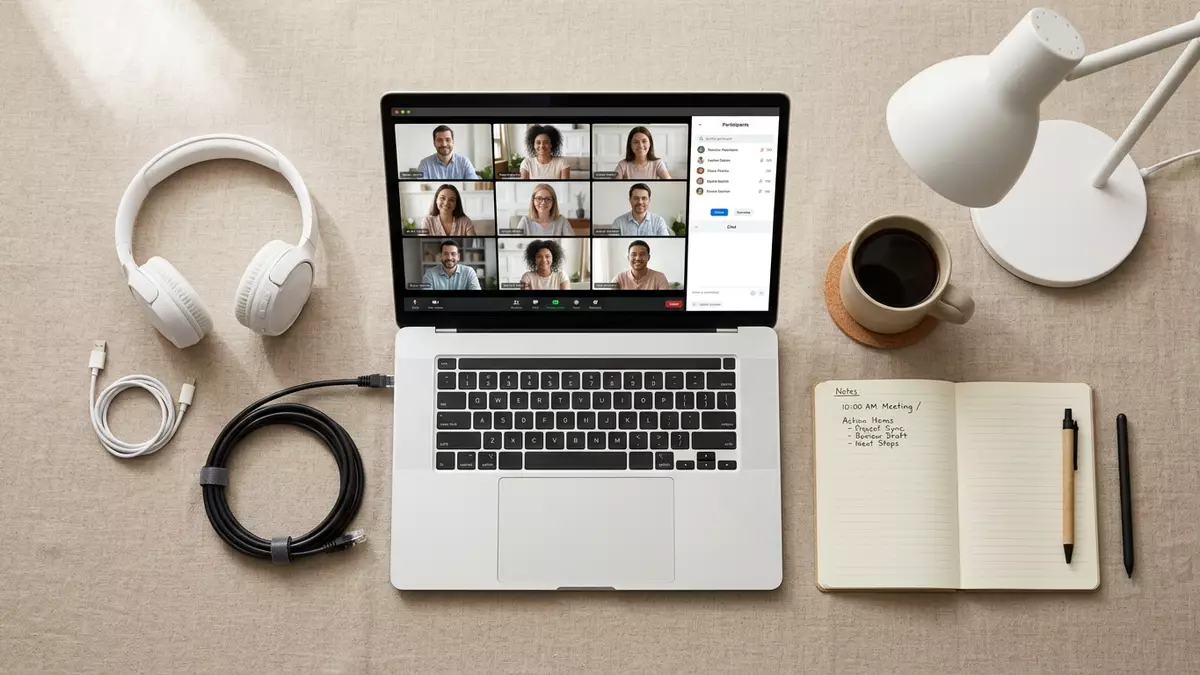 Flatlay-Arrangement rund um Videokonferenz mit passenden Requisiten von oben, neutral