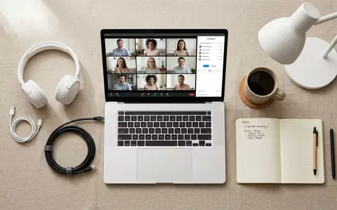 Flatlay-Arrangement rund um Videokonferenz zum Thema Zoom Meeting, ISIN US98980L1017, weiches Oberlicht - Foto: THN