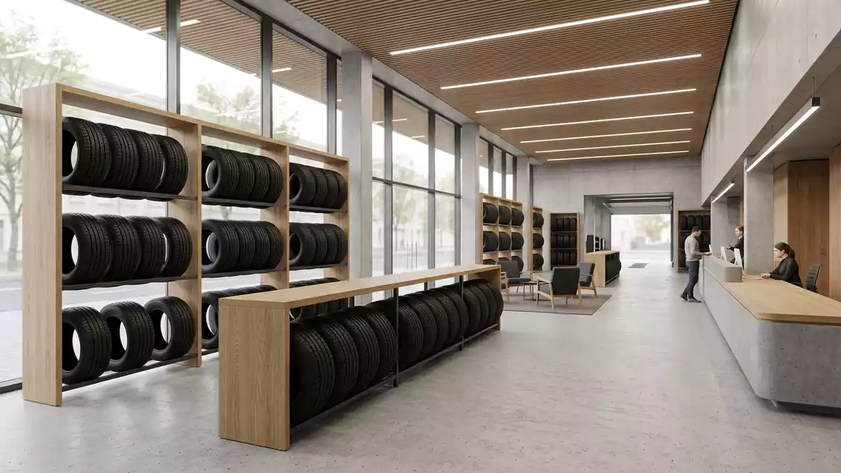 Architektur-Render im Reifenfachhandel mit Ganzjahresreifen im Ausstellungsbereich