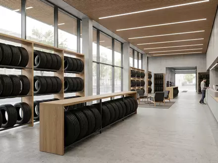 Architektur-Render im Reifenfachhandel mit Ganzjahresreifen zum Thema Goodyear Vector 4Seasons, ISIN US3825501014, neutrales Tageslicht - Foto: THN