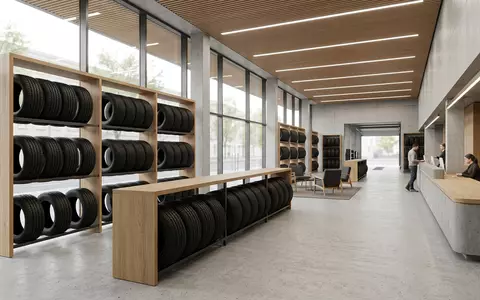 Architektur-Render im Reifenfachhandel mit Ganzjahresreifen zum Thema Goodyear Vector 4Seasons, ISIN US3825501014, neutrales Tageslicht - Foto: THN