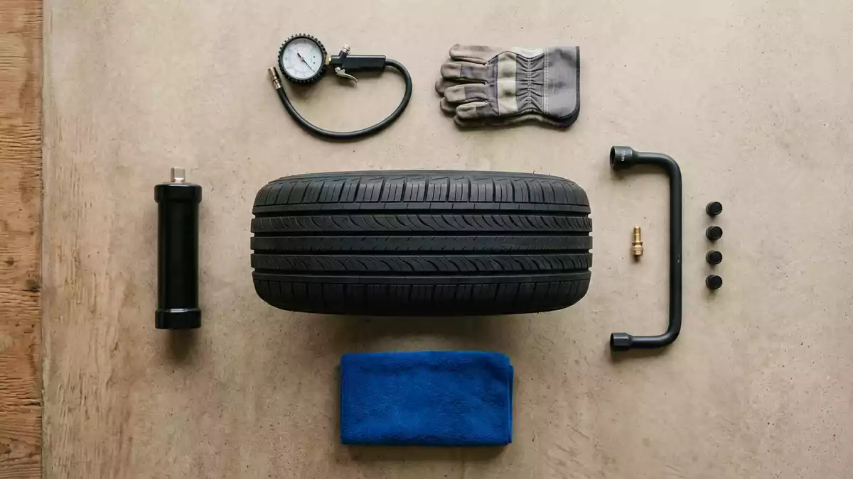 Flatlay-Arrangement rund um Ganzjahresreifen mit passenden Requisiten von oben