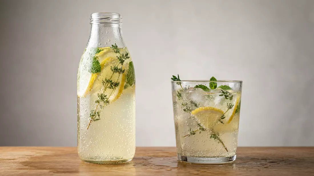Fotorealistische Studioansicht von Kräuterlimonade in neutraler Produktdarstellung
