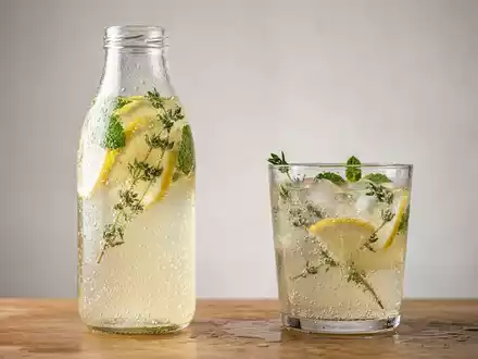 Fotorealistische Studioaufnahme von Kräuterlimonade zum Thema Vio Bio Limo, ISIN US1912161007, klare Lichtfuehrung - Foto: THN