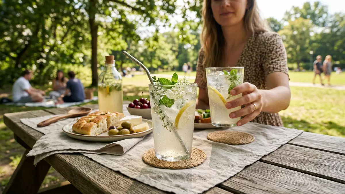 Fotorealistische Ansicht von Kräuterlimonade im Freien in realer Umgebung, neutral