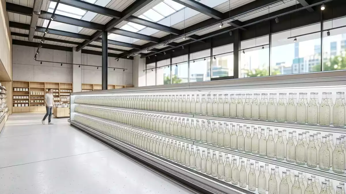 Architektur-Render im Supermarkt mit Kräuterlimonade im Ausstellungsbereich, neutral