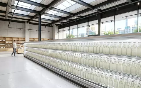 Architektur-Render im Supermarkt mit Kräuterlimonade zum Thema Vio Bio Limo, ISIN US1912161007, neutrales Tageslicht - Foto: THN