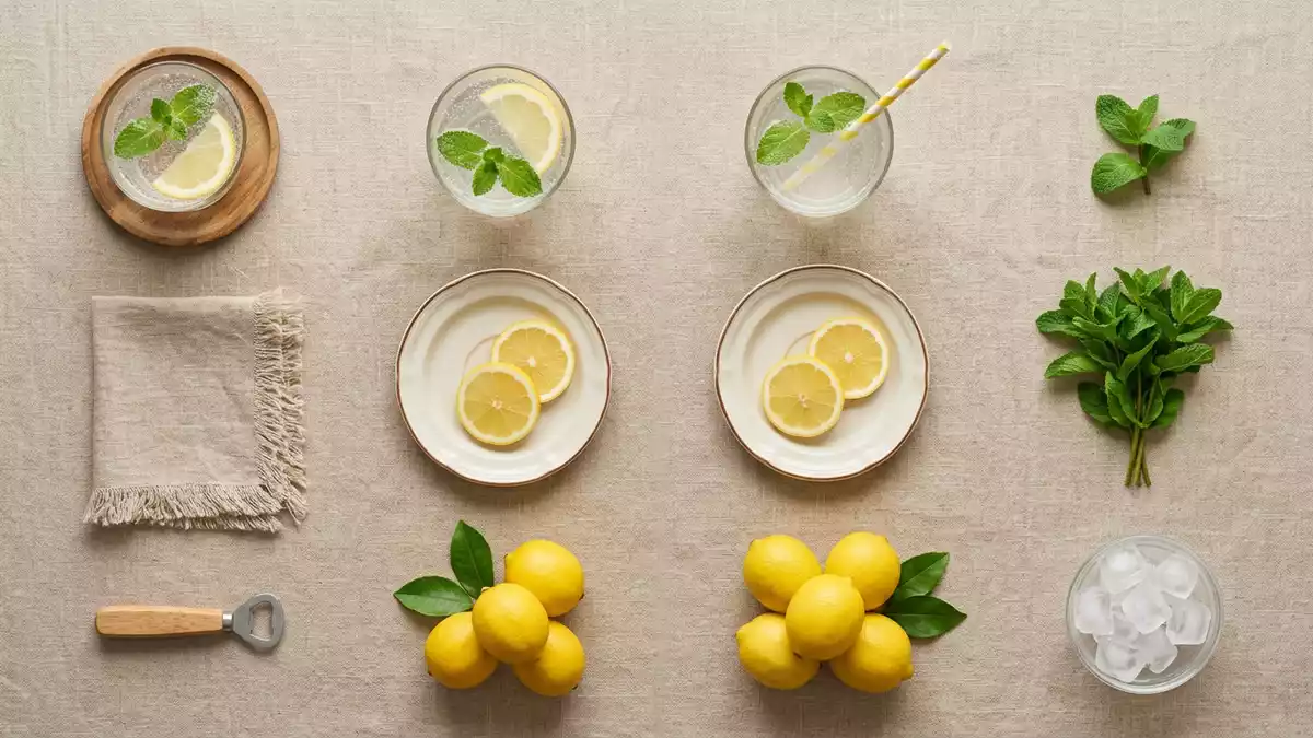 Flatlay-Arrangement rund um Kräuterlimonade mit passenden Requisiten von oben, neutral