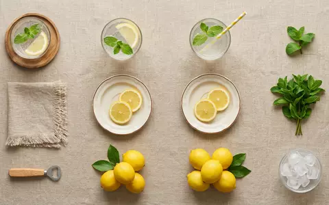 Flatlay-Arrangement rund um Kräuterlimonade zum Thema Vio Bio Limo, ISIN US1912161007, weiches Oberlicht - Foto: THN