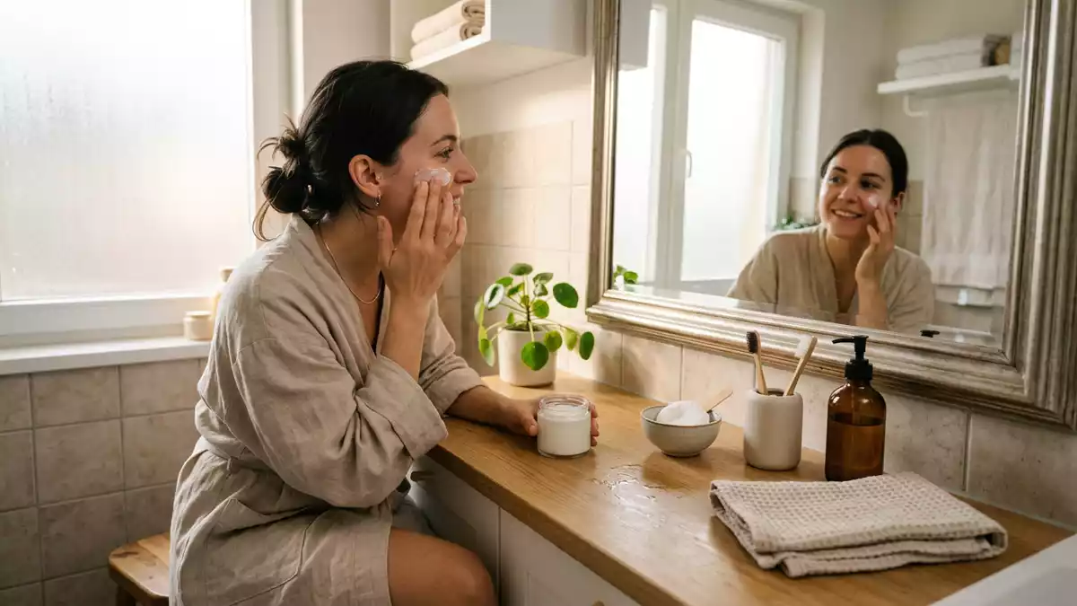 Fotorealistische Ansicht von Gesichtscreme im Badezimmer in realer Umgebung, neutral