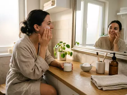 Fotorealistische Aufnahme von Gesichtscreme im Badezimmer zum Thema Origins GinZing, ISIN US5184391044, natuerliches Licht - Foto: THN