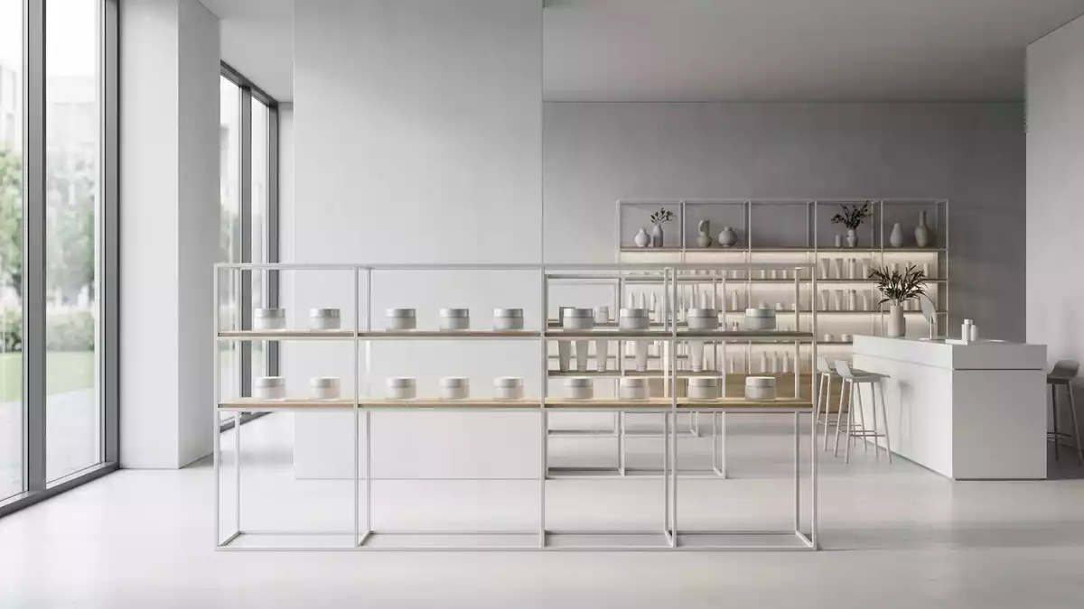 Architektur-Render im Drogeriemarkt mit Gesichtscreme im Ausstellungsbereich, neutral