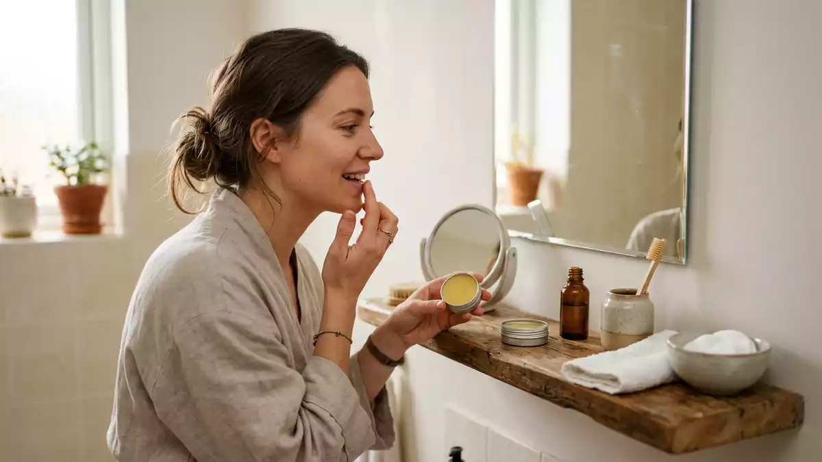 Fotorealistische Ansicht von Lippenbalsam im Badezimmer in realer Umgebung, neutral