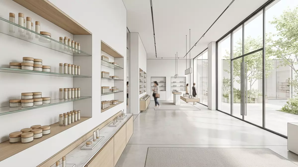 Architektur-Render im Drogeriemarkt mit Lippenbalsam im Ausstellungsbereich, neutral