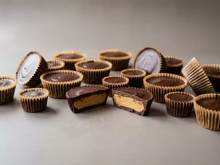 Fotorealistische Studioaufnahme von Erdnusspralinen zum Thema Reese's Peanut Butter Cups, ISIN US4278661081, klare Lichtfuehrung - Foto: THN