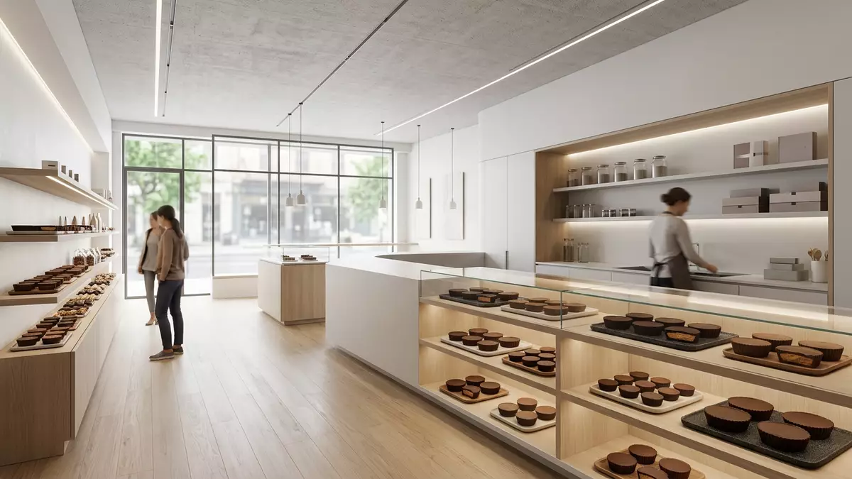 Architektur-Render im Süßwarenfachhandel mit Erdnusspralinen im Ausstellungsbereich