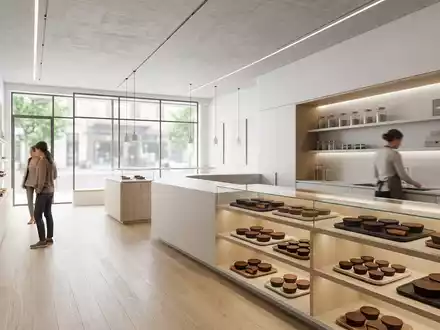 Architektur-Render im Süßwarenfachhandel mit Erdnusspralinen zum Thema Reese's Peanut Butter Cups, ISIN US4278661081, neutrales Tageslicht - Foto: THN