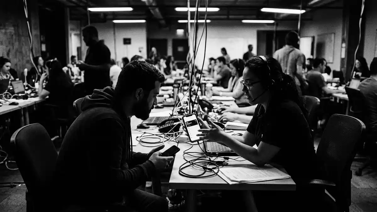 Schwarzweiss-Reportagebild mit Smartphonevertrag in dokumentarischer Arbeitsumgebung