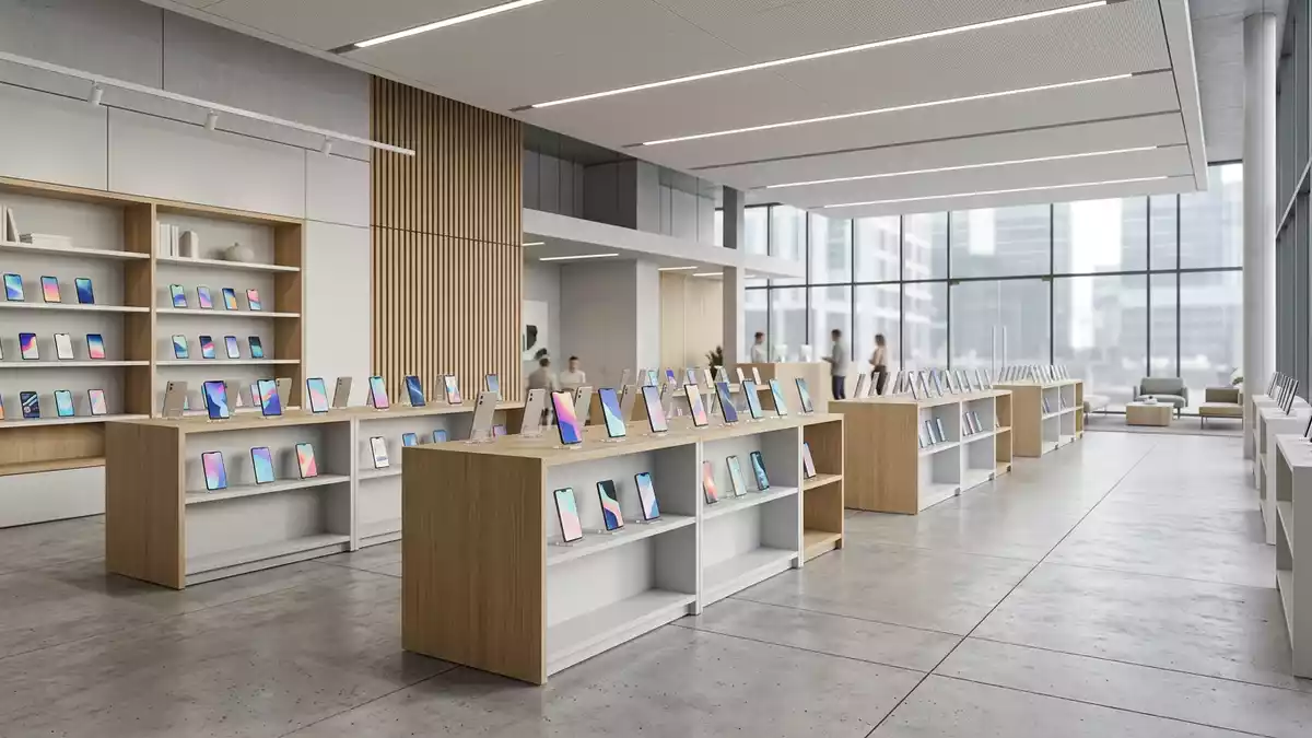 Architektur-Render im Elektronik-Fachmarkt mit Smartphonevertrag im Ausstellungsbereich