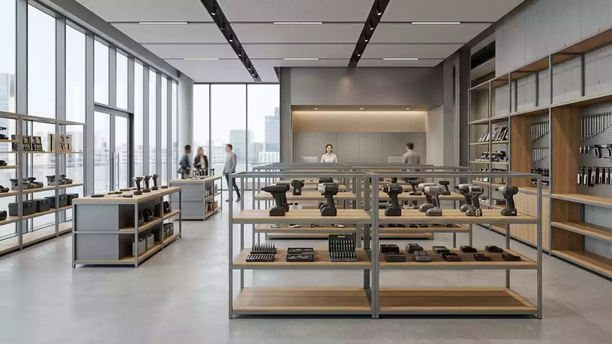Architektur-Render im Werkzeugfachhandel mit Akkuschrauber im Ausstellungsbereich