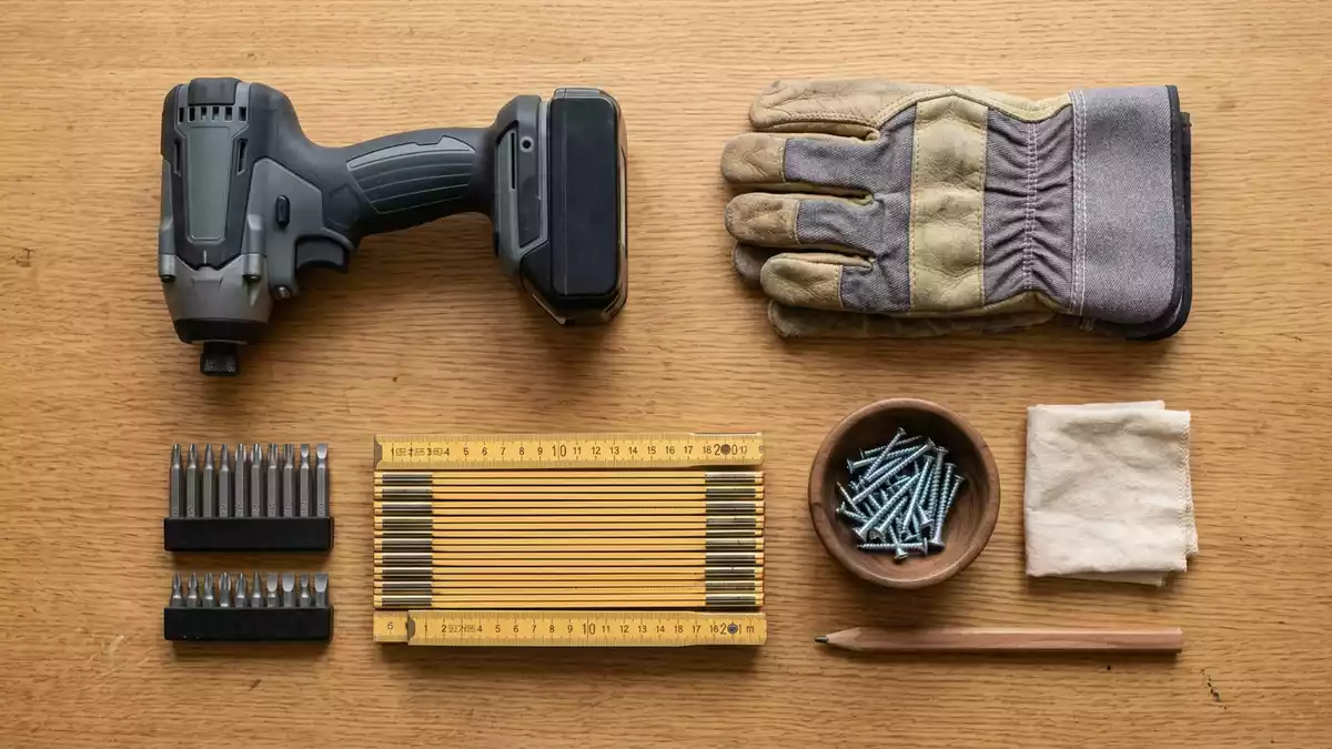 Flatlay-Arrangement rund um Akkuschrauber mit passenden Requisiten von oben, neutral