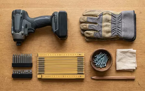 Flatlay-Arrangement rund um Akkuschrauber zum Thema Ryobi Akkuschrauber, ISIN HK0669013440, weiches Oberlicht - Foto: THN
