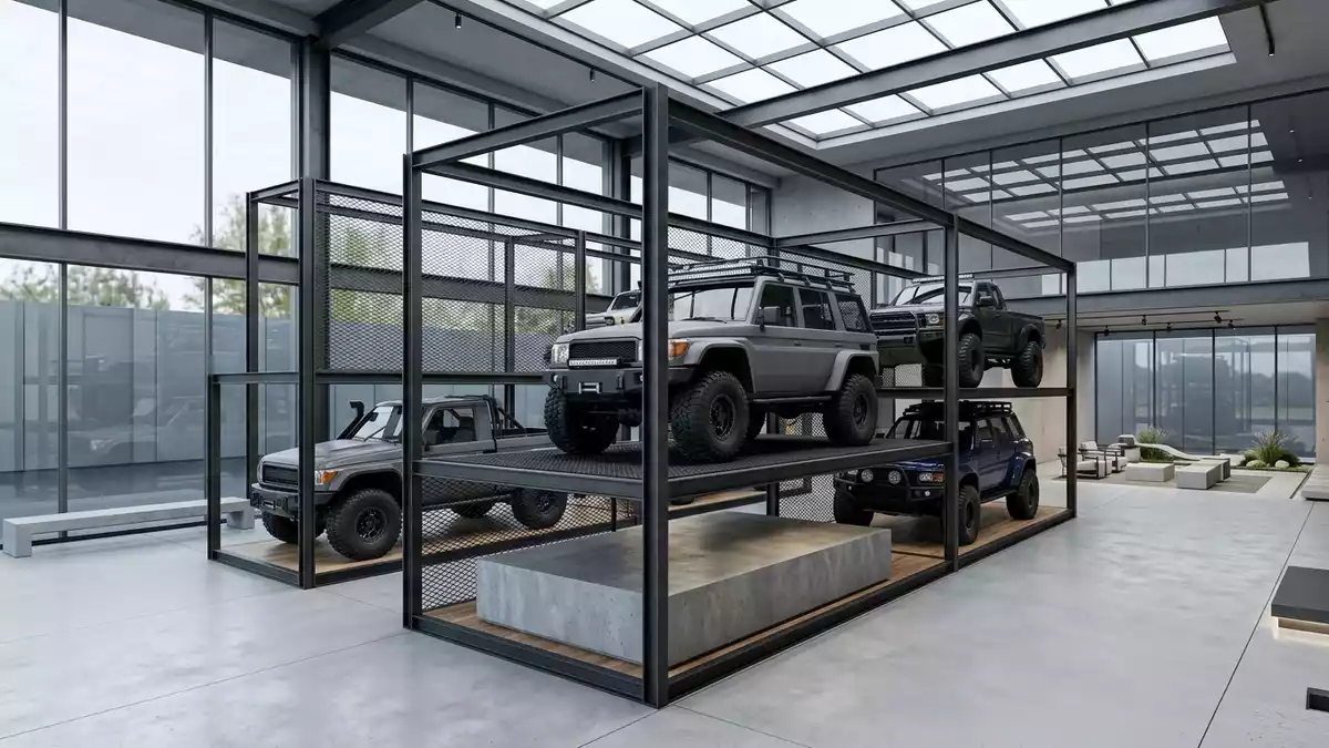Architektur-Render im Autohaus mit Geländewagen im Ausstellungsbereich, neutral