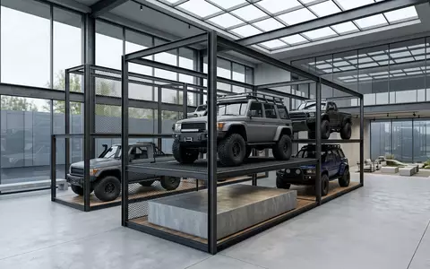 Architektur-Render im Autohaus mit GelÀndewagen zum Thema Land Rover Defender, ISIN US8765685024, neutrales Tageslicht - Foto: THN