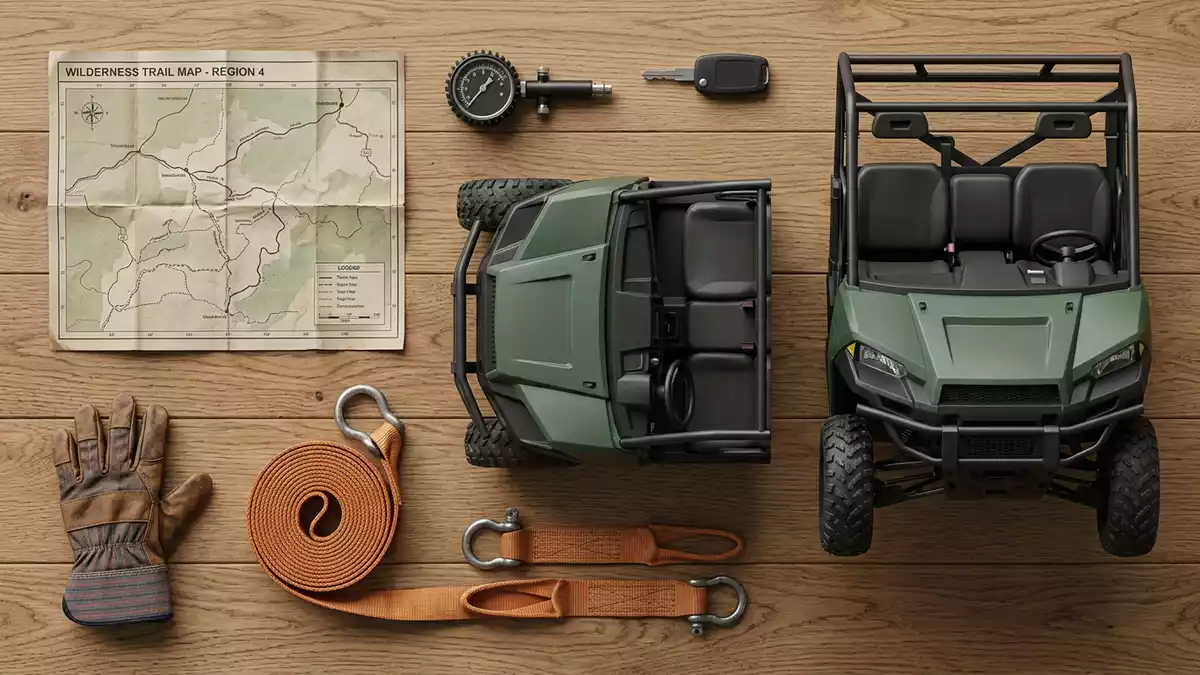 Flatlay-Arrangement rund um Geländewagen mit passenden Requisiten von oben, neutral