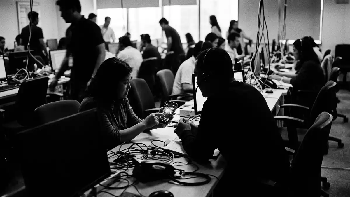 Schwarzweiss-Reportagebild mit Mobilfunktarif in dokumentarischer Arbeitsumgebung
