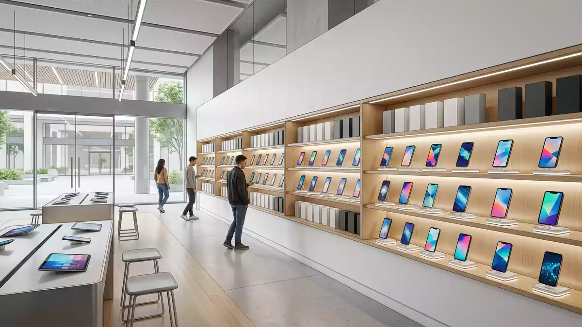 Architektur-Render im Elektronik-Fachmarkt mit Mobilfunktarif im Ausstellungsbereich