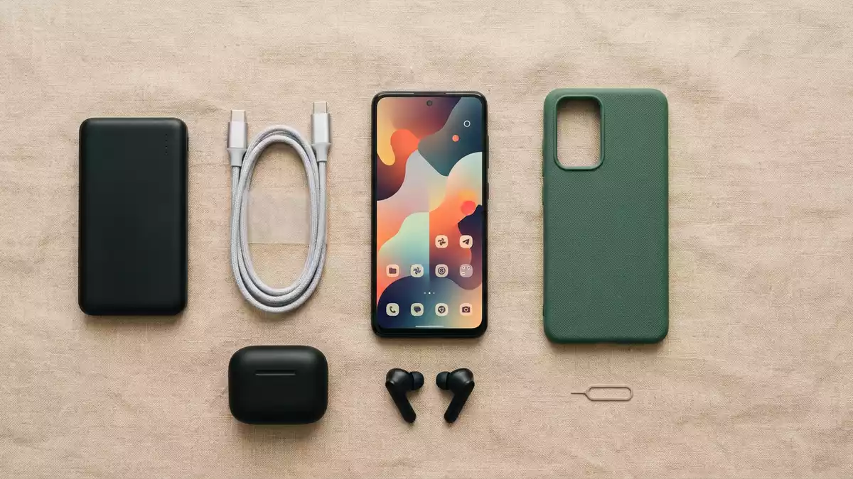 Flatlay-Arrangement rund um Mobilfunktarif mit passenden Requisiten von oben, neutral