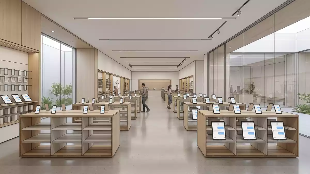 Architektur-Render im Elektronik-Fachmarkt mit Nachrichten-App im Ausstellungsbereich