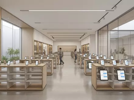 Architektur-Render im Elektronik-Fachmarkt mit Nachrichten-App zum Thema WeChat App, ISIN HK0700003553, neutrales Tageslicht - Foto: THN